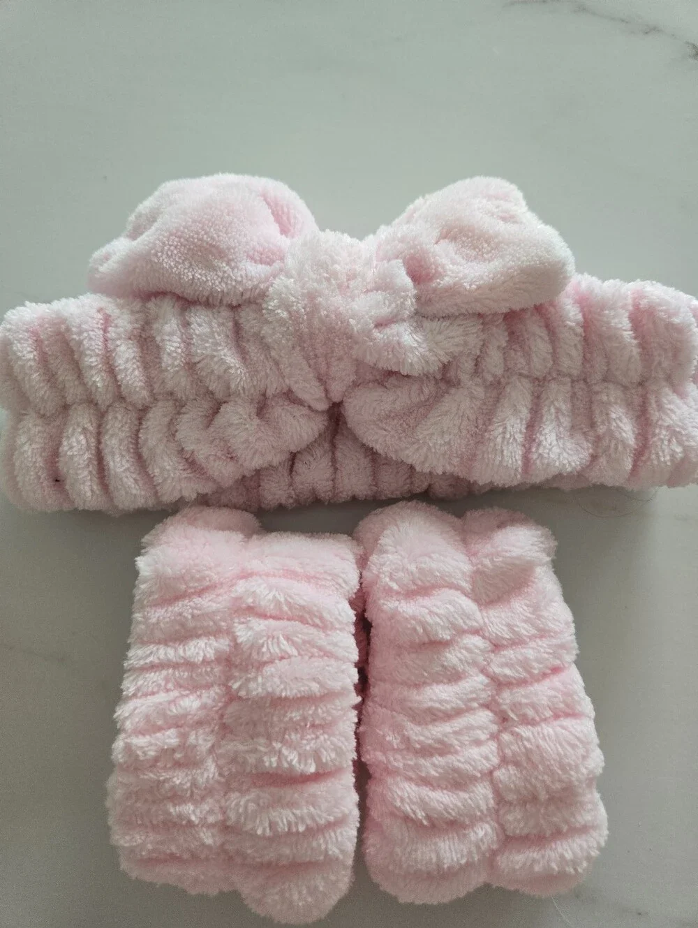 Plush Pink Bow Headband and Wrist Cuffs Set - Kids